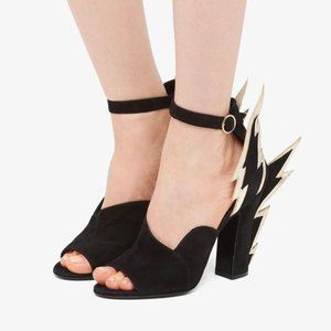 Prada Women's Black Flame Thunderbolt Heels size 9.5 Black and Gold